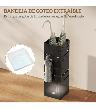 Paragüero Metálico con 4 Ganchos y Bandeja de Goteo Extraíble para Entrada Oficina 15,5x15,5x49 cm Negro