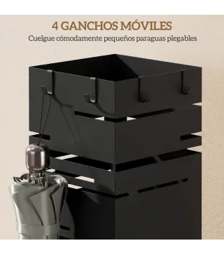 Paragüero Metálico con 4 Ganchos y Bandeja de Goteo Extraíble para Entrada Oficina 15,5x15,5x49 cm Negro