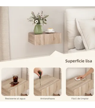 Set de 2 Mesillas de Noche de Pared Mesitas de Noche Flotantes con 1 Cajón para Dormitorio 40x30x15 cm Roble