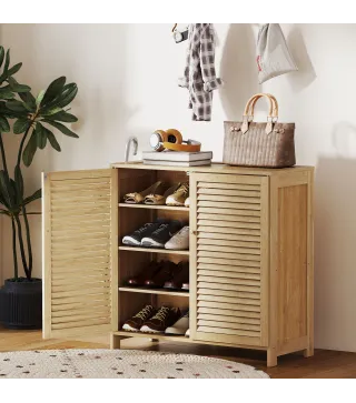 Armario para Zapatos de Bambú con Puertas de Persiana Capacidad para 14 Pares Estantes Ajustables Natural