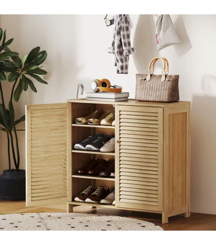 Armario para Zapatos de Bambú con Puertas de Persiana Capacidad para 14 Pares Estantes Ajustables Natural