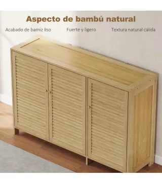 Armario para Zapatos de Bambú con Puertas de Persiana Capacidad para 14 Pares Estantes Ajustables Natural