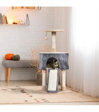 Árbol Rascador para Gatos con Cueva Juguete Colgante Rampa y Postes Rascadores de Sisal 40x40x98 cm Gris y Beige