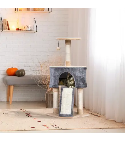 Árbol Rascador para Gatos con Cueva Juguete Colgante Rampa y Postes Rascadores de Sisal 40x40x98 cm Gris y Beige