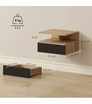 Juego de 2 Mesitas de Noche Flotantes con Cajón Montado en la Pared 35x32x22,5 cm Roble y Negro