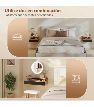 Juego de 2 Mesitas de Noche Flotantes con Cajón Montado en la Pared 35x32x22,5 cm Roble y Negro