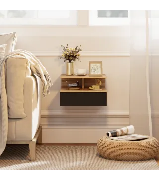 Juego de 2 Mesitas de Noche Flotantes con Cajón Montado en la Pared 35x32x22,5 cm Roble y Negro