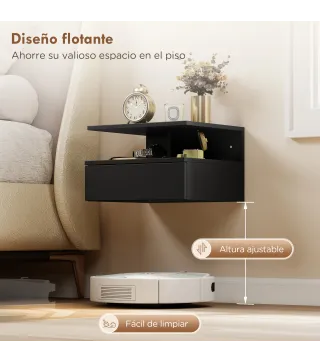 Juego de 2 Mesitas de Noche Flotantes con Cajón Montado en la Pared 35x32x22,5 cm Negro