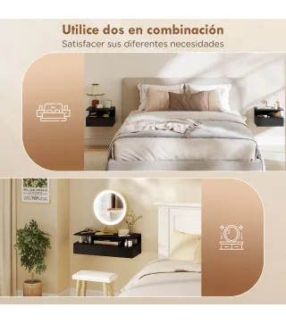 Juego de 2 Mesitas de Noche Flotantes con Cajón Montado en la Pared 35x32x22,5 cm Negro