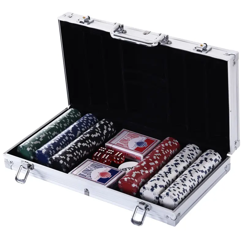 Maletín de Poker Profesional de Aluminio con 300 Fichas Juego Set de Poker Casino con 5 Dados 2 Barajas de Cartas y 1 Ficha de C