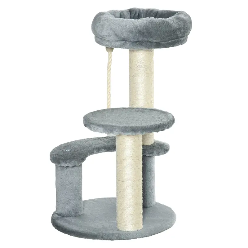 Árbol Rascador para Gato Ø40x65 cm con 3 niveles y Cuerda Colgante Plataformas y Postes con Cuerda de Sisal Natural Gris