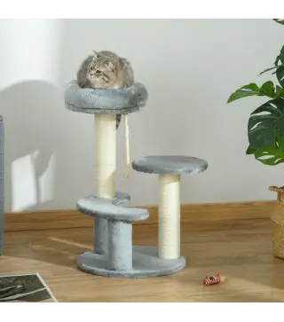 Árbol Rascador para Gato Ø40x65 cm con 3 niveles y Cuerda Colgante Plataformas y Postes con Cuerda de Sisal Natural Gris