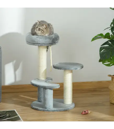 Árbol Rascador para Gato Ø40x65 cm con 3 niveles y Cuerda Colgante Plataformas y Postes con Cuerda de Sisal Natural Gris