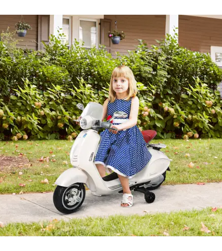Moto de Batería Autorizada de VESPA con Faros Música 2 Ruedas Auxiliares 108x49x75 cm Blanco