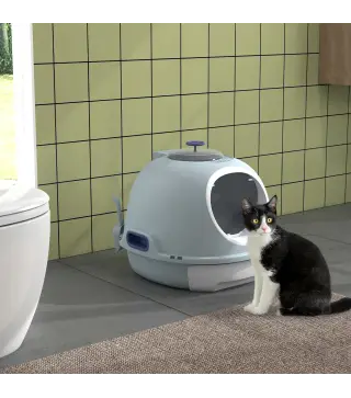 Caja de Arena para Gatos Arenero Cerrado con Claraboya Abatible Bandeja Extraíble y Pala 47x55x44 cm Azul