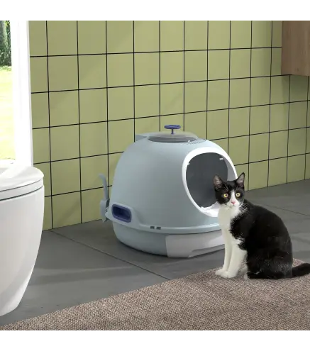 Caja de Arena para Gatos Arenero Cerrado con Claraboya Abatible Bandeja Extraíble y Pala 47x55x44 cm Azul