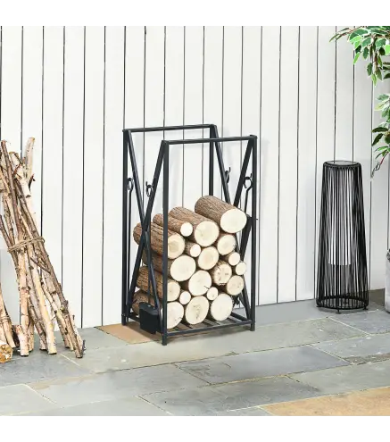 Estante de Leña para Chimenea Soporte para Leña con 4 Herramientas Carga 100 kg 46x30x76 cm Negro