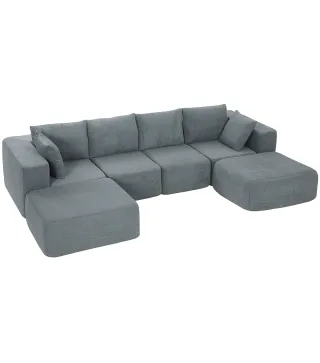 Sofá Seccional en Forma de U Sofá Modular con 2 Taburetes 2 Almohadas Reposabrazos Anchos sin Montaje Gris