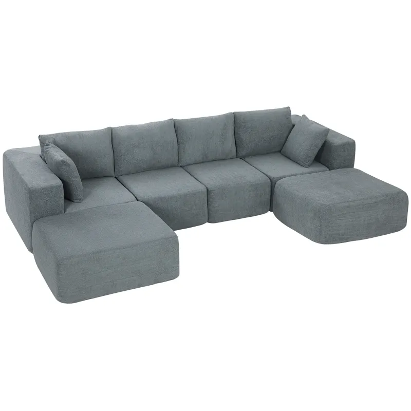 Sofá Seccional en Forma de U Sofá Modular con 2 Taburetes 2 Almohadas Reposabrazos Anchos sin Montaje Gris