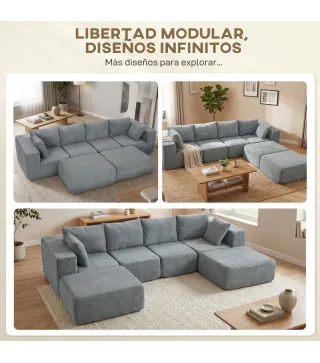 Sofá Seccional en Forma de U Sofá Modular con 2 Taburetes 2 Almohadas Reposabrazos Anchos sin Montaje Gris