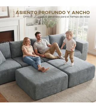 Sofá Seccional en Forma de U Sofá Modular con 2 Taburetes 2 Almohadas Reposabrazos Anchos sin Montaje Gris