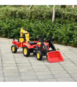 Tractor a Pedales con Remolque Excavador con Pala Frontal Juguete de Conducción para Mayores de 3 Años Dirección y Palas Fáciles