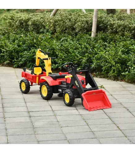 Tractor a Pedales con Remolque Excavador con Pala Frontal Juguete de Conducción para Mayores de 3 Años Dirección y Palas Fáciles