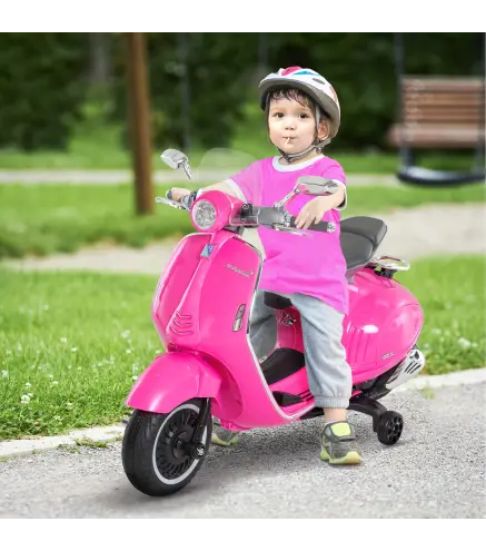 Moto de Batería Autorizada de VESPA con Faros Música 2 Ruedas Auxiliares 108x49x75 cm Rosa