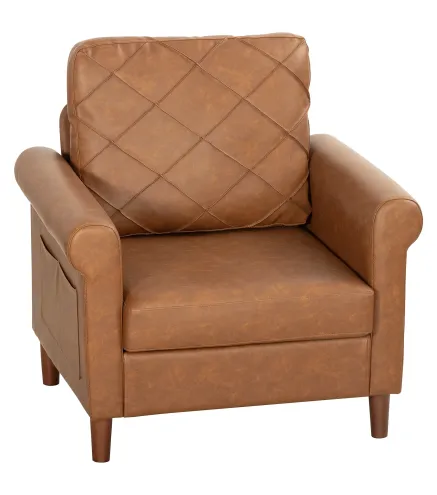 Sofá Individual Tapizado en PU Cojín Grueso Respaldo con Costuras Patas de Madera Maciza Marrón