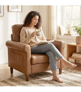 Sofá Individual Tapizado en PU Cojín Grueso Respaldo con Costuras Patas de Madera Maciza Marrón