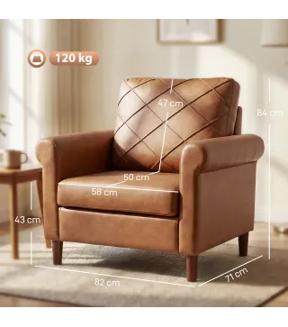 Sofá Individual Tapizado en PU Cojín Grueso Respaldo con Costuras Patas de Madera Maciza Marrón