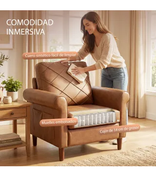 Sofá Individual Tapizado en PU Cojín Grueso Respaldo con Costuras Patas de Madera Maciza Marrón