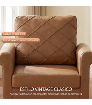 Sofá Individual Tapizado en PU Cojín Grueso Respaldo con Costuras Patas de Madera Maciza Marrón