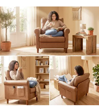 Sofá Individual Tapizado en PU Cojín Grueso Respaldo con Costuras Patas de Madera Maciza Marrón