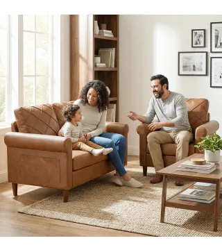 Sofá Individual Tapizado en PU Cojín Grueso Respaldo con Costuras Patas de Madera Maciza Marrón