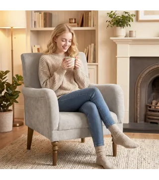 Sofá Individual Tapizado en Lino Reposabrazos Estilizados Patas de Madera Maciza Acolchado Grueso Gris