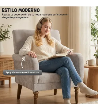 Sofá Individual Tapizado en Lino Reposabrazos Estilizados Patas de Madera Maciza Acolchado Grueso Gris