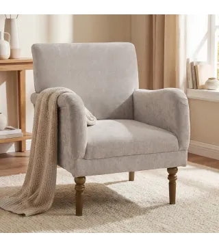 Sofá Individual Tapizado en Lino Reposabrazos Estilizados Patas de Madera Maciza Acolchado Grueso Gris