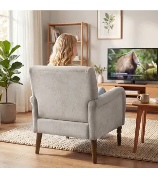 Sofá Individual Tapizado en Lino Reposabrazos Estilizados Patas de Madera Maciza Acolchado Grueso Gris