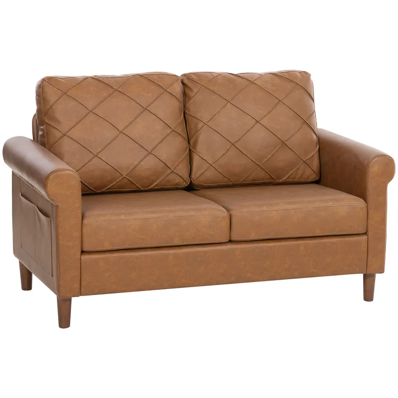 Sofá de 2 Plazas de PU con Patas de Madera Respaldo con Costuras Sofá Moderno para Salón Dormitorio Marrón