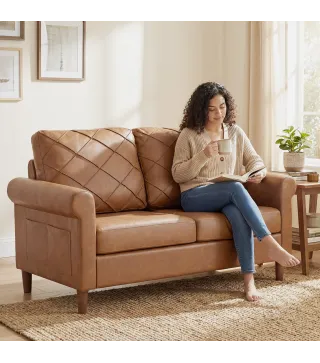 Sofá de 2 Plazas de PU con Patas de Madera Respaldo con Costuras Sofá Moderno para Salón Dormitorio Marrón