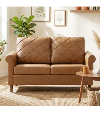 Sofá de 2 Plazas de PU con Patas de Madera Respaldo con Costuras Sofá Moderno para Salón Dormitorio Marrón
