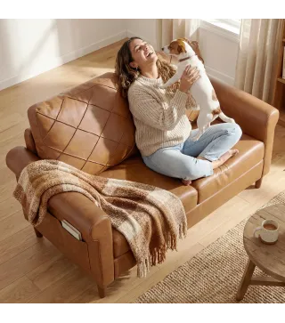 Sofá de 2 Plazas de PU con Patas de Madera Respaldo con Costuras Sofá Moderno para Salón Dormitorio Marrón