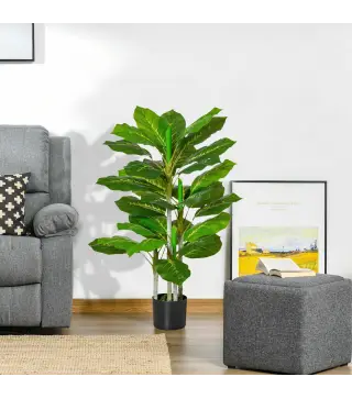 Planta Artificial Hoja Perenne Altura 95 cm con 33 Hojas Realistas en Maceta de Cemento Árbol Artificial para Interior Decoració