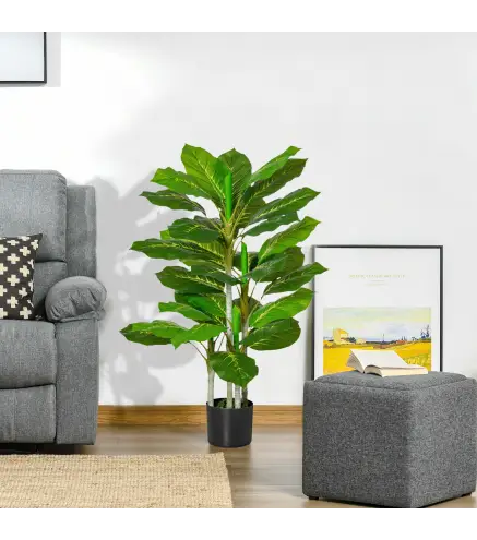 Planta Artificial Hoja Perenne Altura 95 cm con 33 Hojas Realistas en Maceta de Cemento Árbol Artificial para Interior Decoració