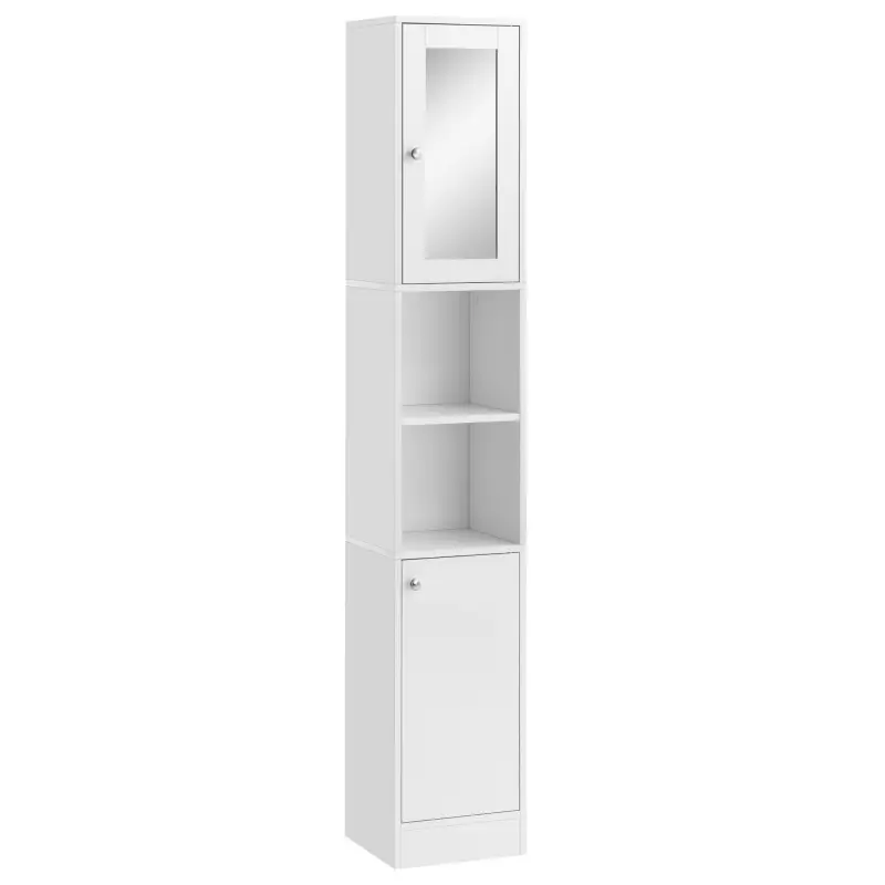 Armario Alto para Baño con Espejo Mueble Columna de Baño Madera con 2 Estantes Abiertos 2 Puertas y Baldas Interiores Ajustables