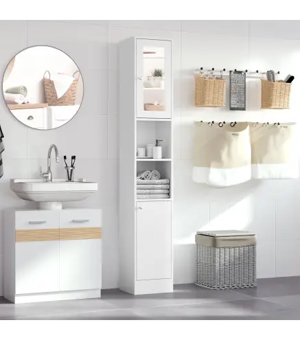 Armario Alto para Baño con Espejo Mueble Columna de Baño Madera con 2 Estantes Abiertos 2 Puertas y Baldas Interiores Ajustables