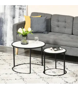 Juego de 2 Mesas Auxiliares Redondas Apilables Mesas Nidos con Encimera en Efecto de Mármol Ø60x46 cm y Ø40x40 cm Blanco