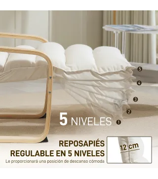 Butaca de Salón con Reposapiés Ajustable Tapizada en Terciopelo con Marco de Madera 67x93x105 cm Crema