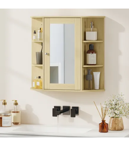 Armario de Baño con Espejo Armario de Pared con Estantes Abiertos 66x17x63 cm Natural